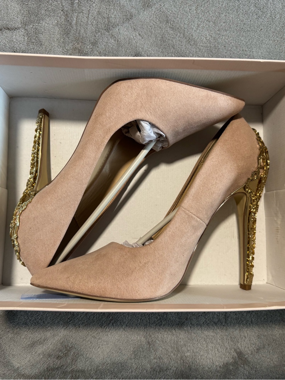 JustFab Blush Pink Suede Pointed-Toe Pumps with Gold Sculpted Heel